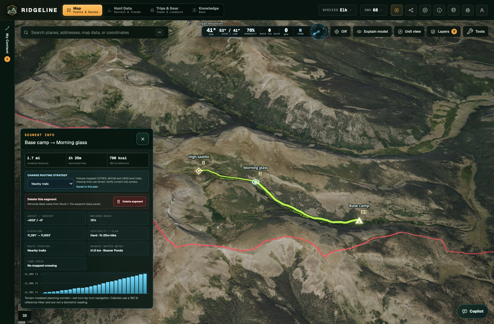Ridgeline’s planning workspace with 3D mountain terrain, a sample base camp, glassing waypoint, and the route between them